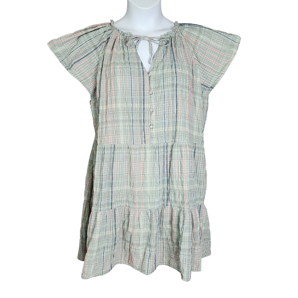 Loft Plaid Tiered Mini Dress XXLP Green Blue Peach Flutter Sleeve Boho Casual